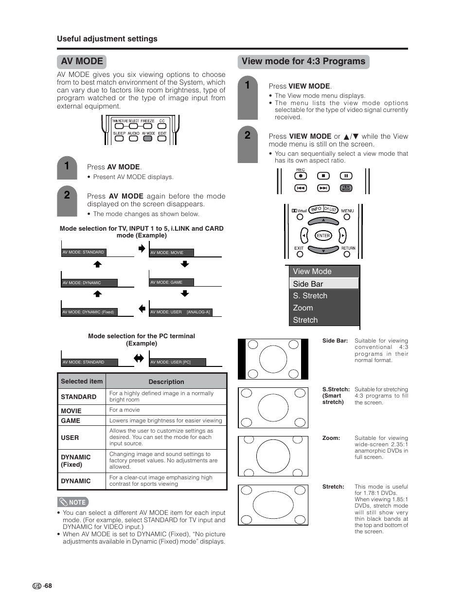 Av mode, View mode for 4:3 programs | Sharp Aquos LC 26GD4U User Manual | Page 69 / 103