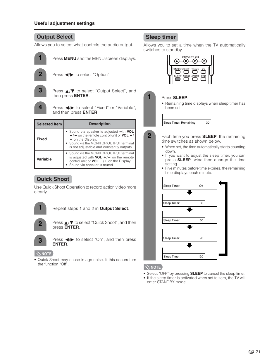 Output select, Quick shoot, Sleep timer | Sharp Aquos LC 26GD4U User Manual | Page 72 / 103