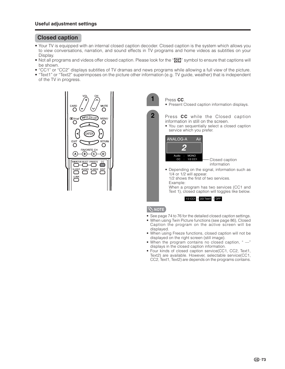 Closed caption | Sharp Aquos LC 26GD4U User Manual | Page 74 / 103