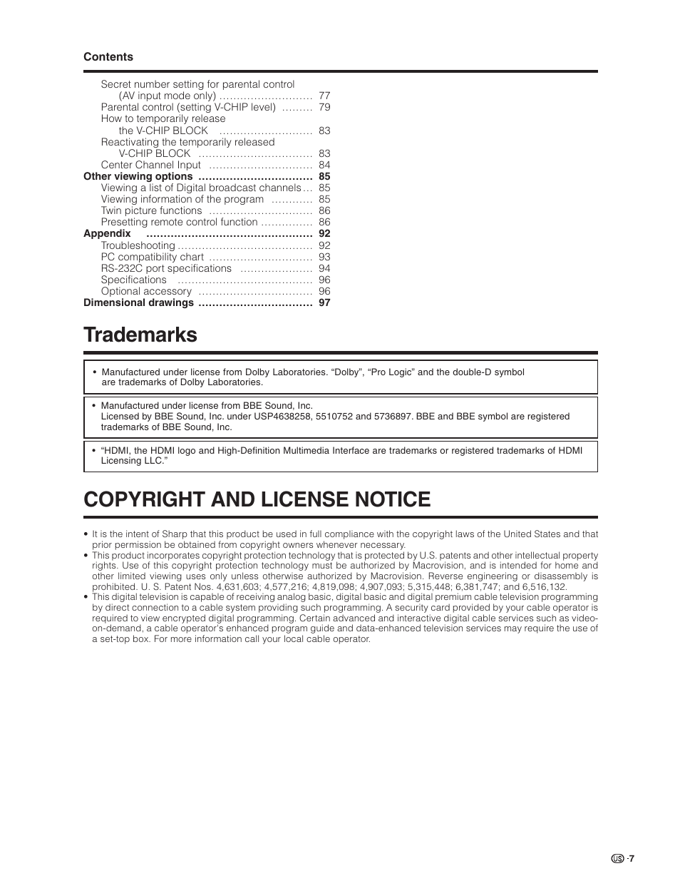 Copyright and license notice, Trademarks | Sharp Aquos LC 26GD4U User Manual | Page 8 / 103