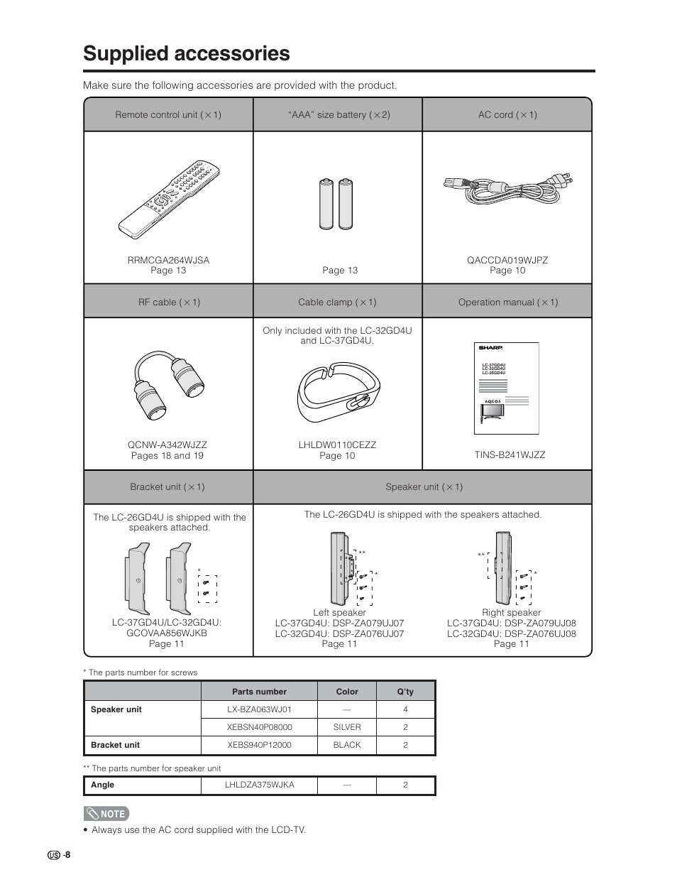 Supplied accessories | Sharp Aquos LC 26GD4U User Manual | Page 9 / 103