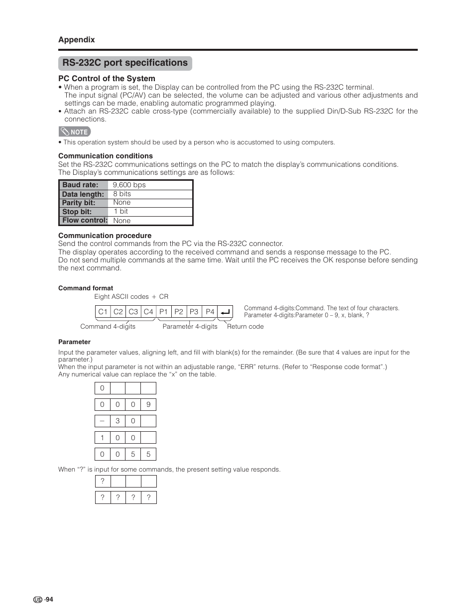 Rs-232c port specifications | Sharp Aquos LC 26GD4U User Manual | Page 95 / 103