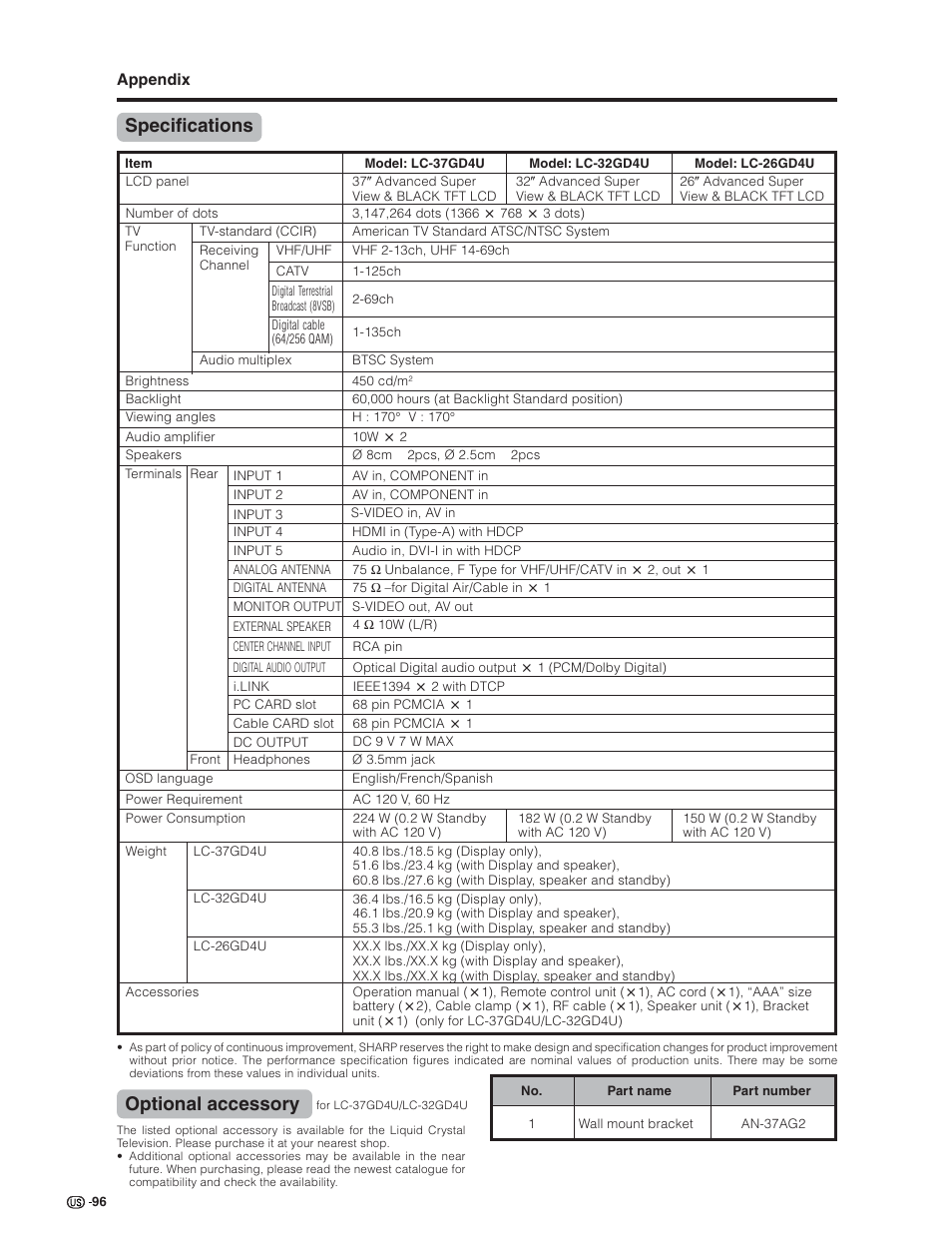 Specifications, Optional accessory | Sharp Aquos LC 26GD4U User Manual | Page 97 / 103