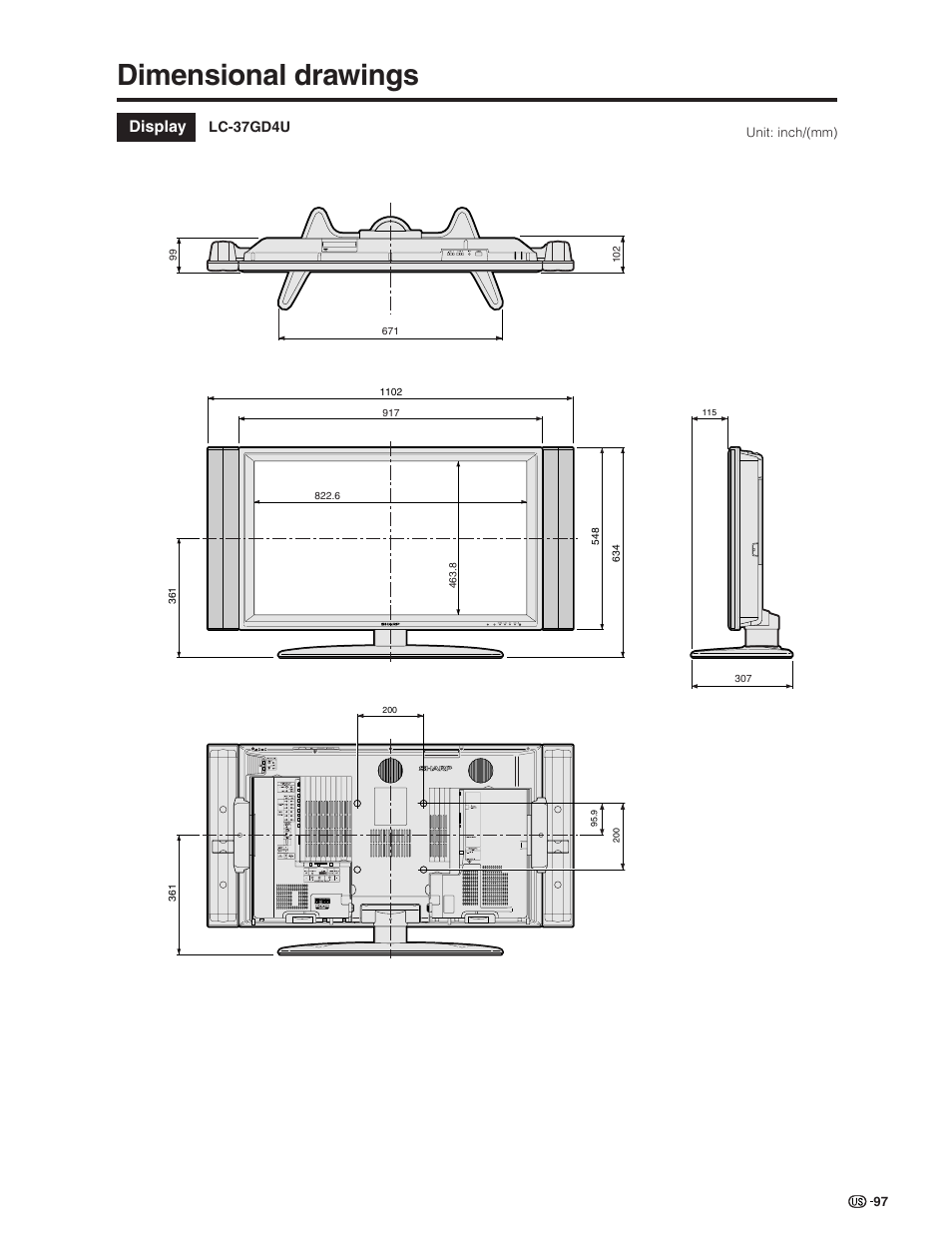 Dimensional drawings, Display | Sharp Aquos LC 26GD4U User Manual | Page 98 / 103