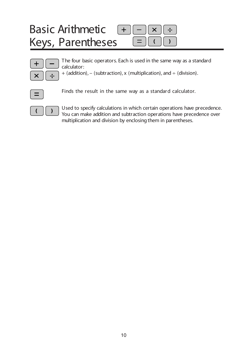 Basic arithmetic keys, parentheses | Sharp W Series User Manual | Page 11 / 33