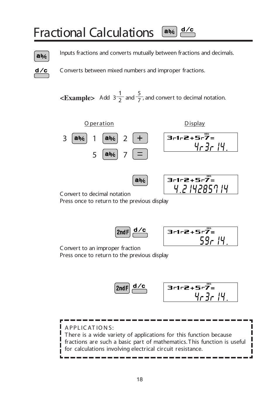 Fractional calculations, Example | Sharp W Series User Manual | Page 19 / 33