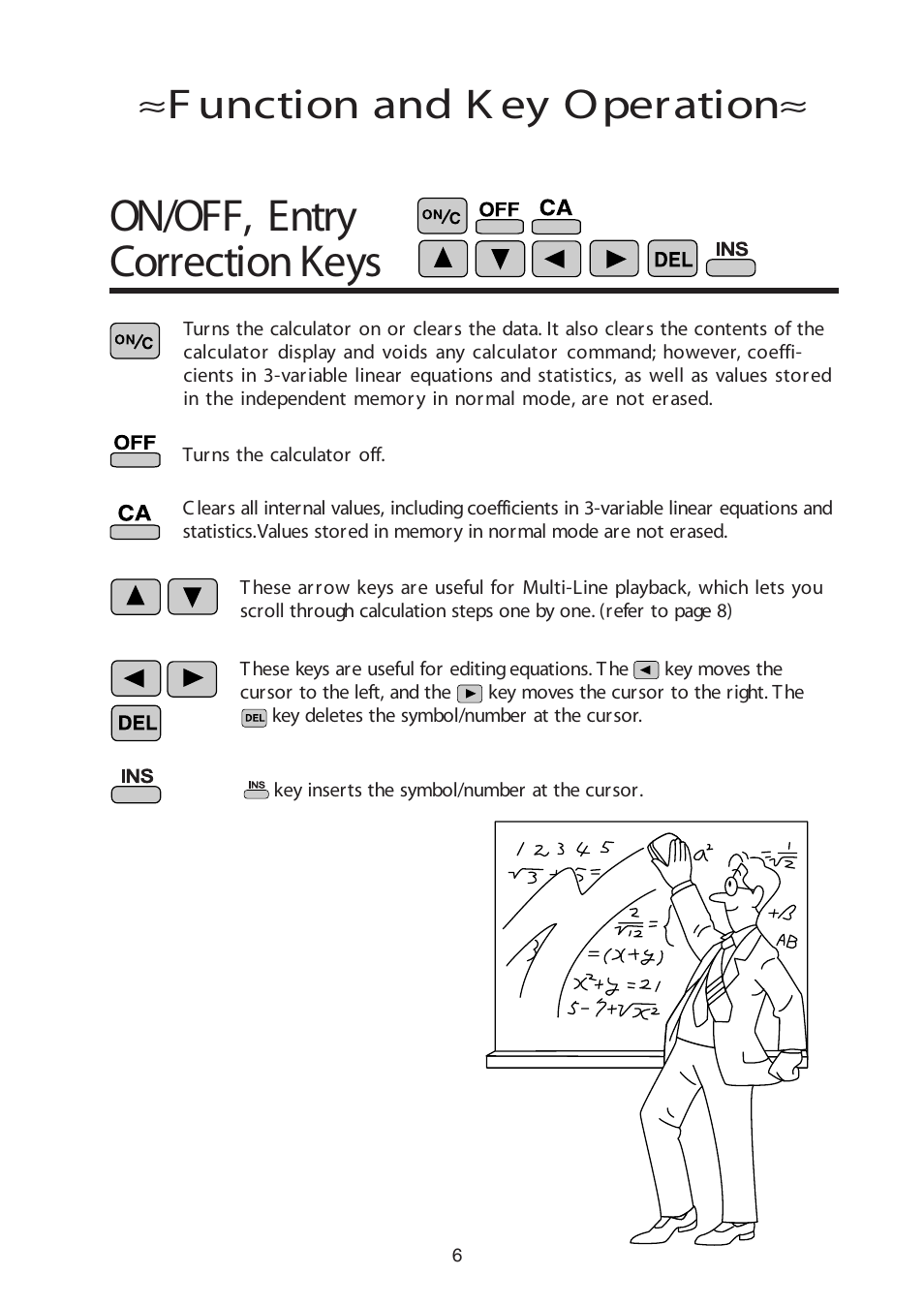 On/off, entry correction keys, F unction and k ey operation | Sharp W Series User Manual | Page 7 / 33