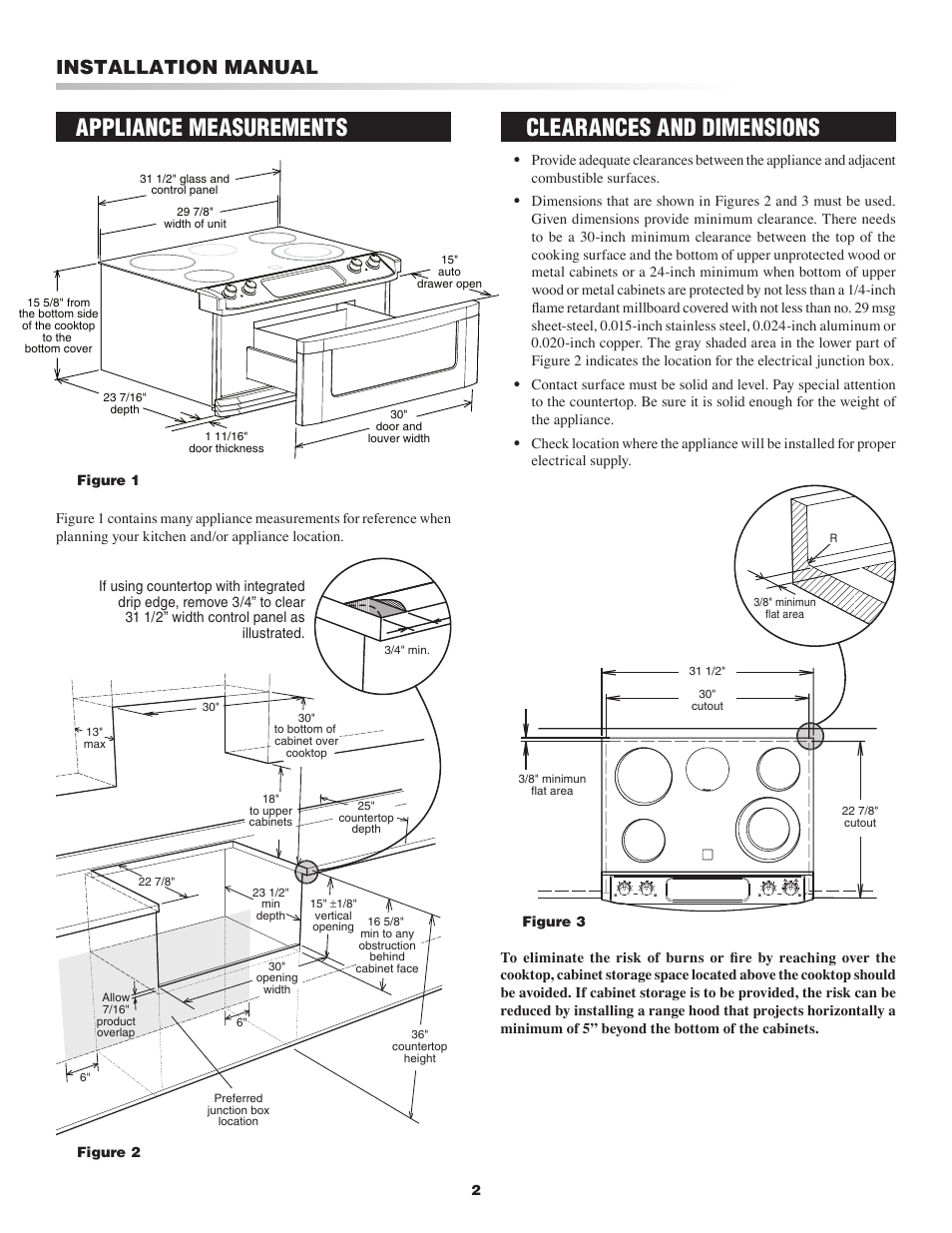 Clearances and dimensions appliance measurements, Installation manual | Sharp Cooktop User Manual | Page 2 / 8