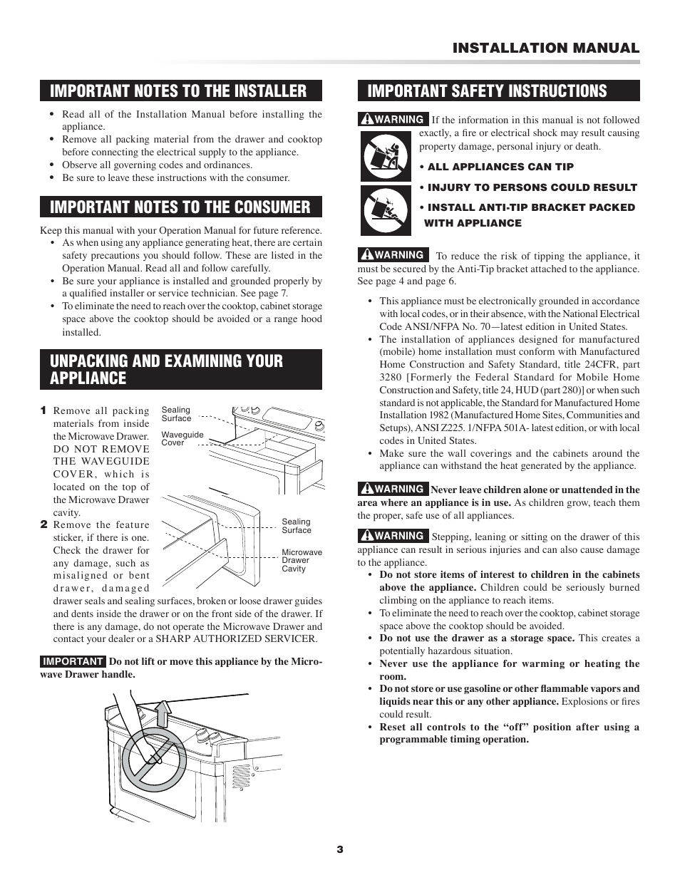 Important safety instructions, Unpacking and examining your appliance, Installation manual | Sharp Cooktop User Manual | Page 3 / 8