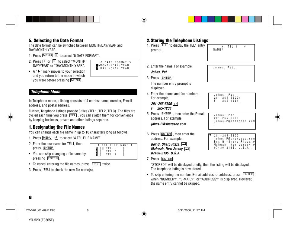 Selecting the date format, Designating the file names, Storing the telephone listings | Sharp YO-520 User Manual | Page 10 / 40