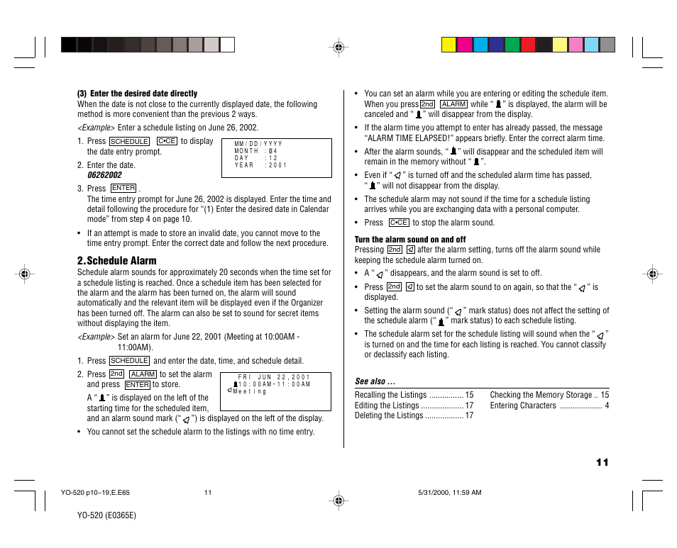 Schedule alarm | Sharp YO-520 User Manual | Page 13 / 40