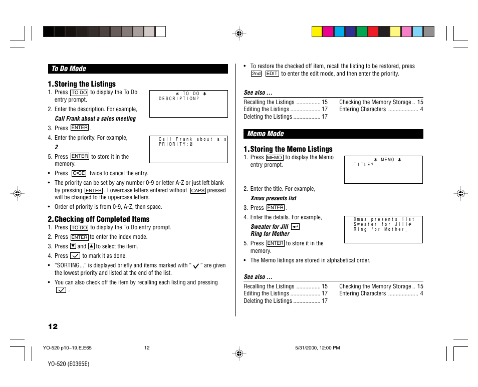 Storing the listings, Checking off completed items | Sharp YO-520 User Manual | Page 14 / 40