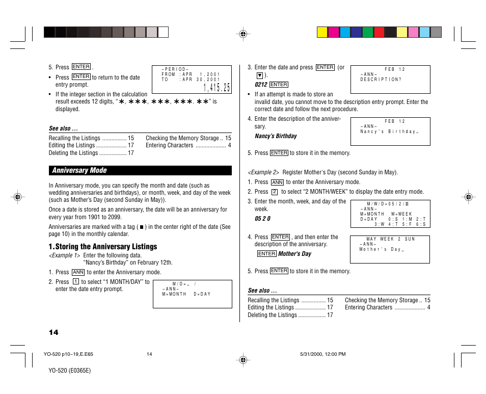 Storing the anniversary listings | Sharp YO-520 User Manual | Page 16 / 40