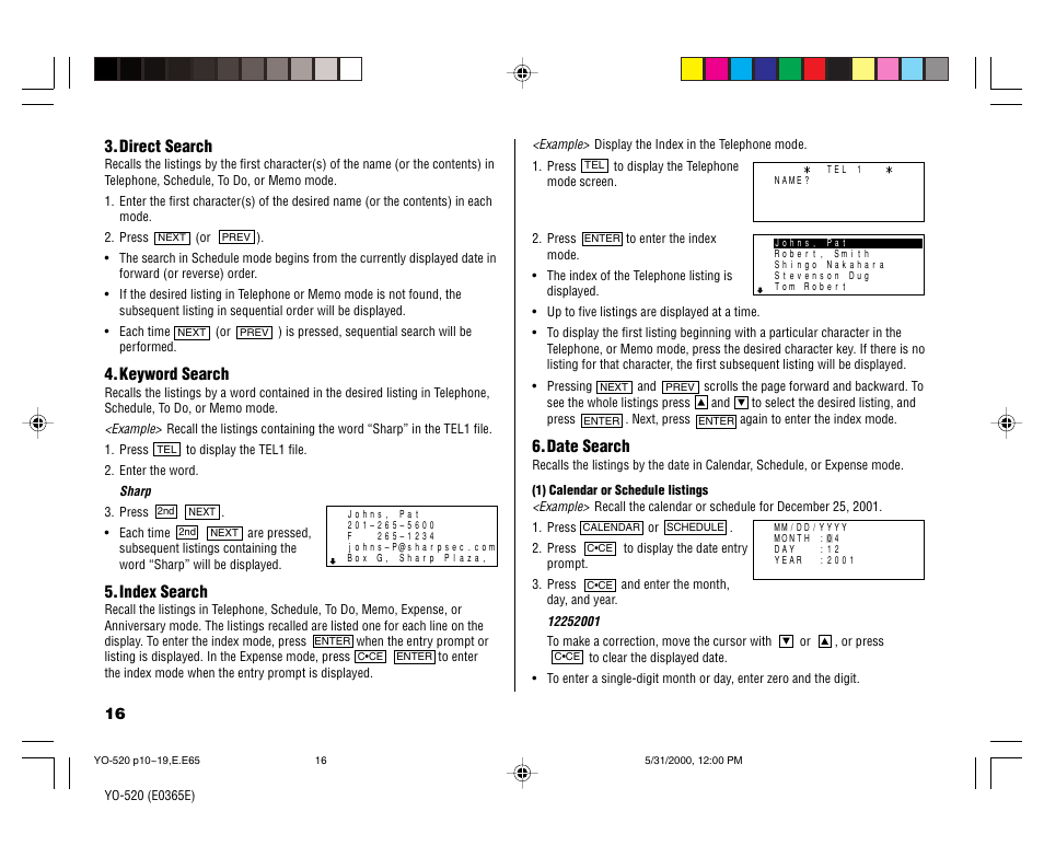 Direct search, Keyword search, Index search | Date search | Sharp YO-520 User Manual | Page 18 / 40