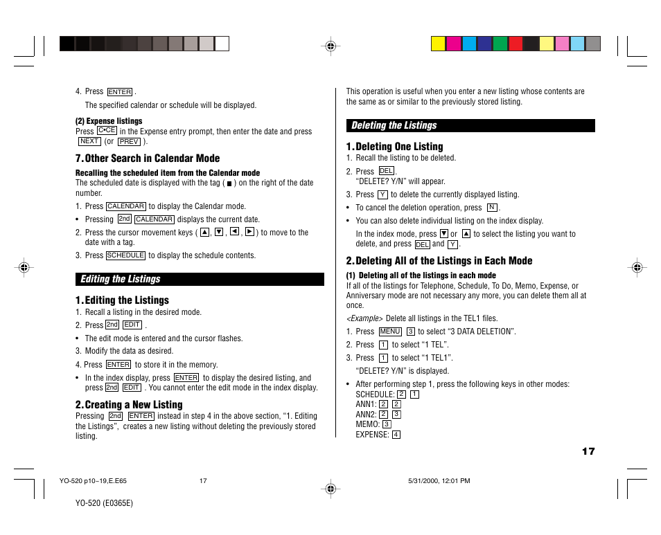 Other search in calendar mode, Editing the listings, Creating a new listing | Deleting one listing, Deleting all of the listings in each mode | Sharp YO-520 User Manual | Page 19 / 40