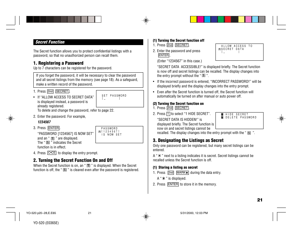 Registering a password, Turning the secret function on and off, Designating the listings as secret | Sharp YO-520 User Manual | Page 23 / 40