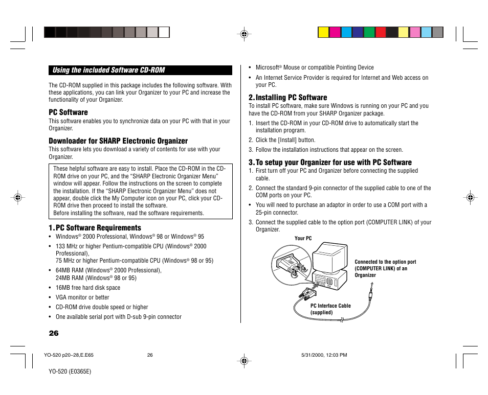 Pc software, Downloader for sharp electronic organizer, Pc software requirements | Installing pc software | Sharp YO-520 User Manual | Page 28 / 40