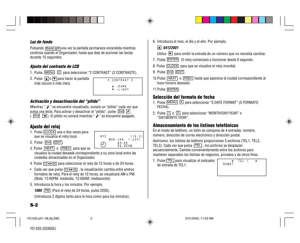 Ajuste del reloj, Selección del formato de fecha, Almacenamiento de los listines telefónicos | Sharp YO-520 User Manual | Page 32 / 40