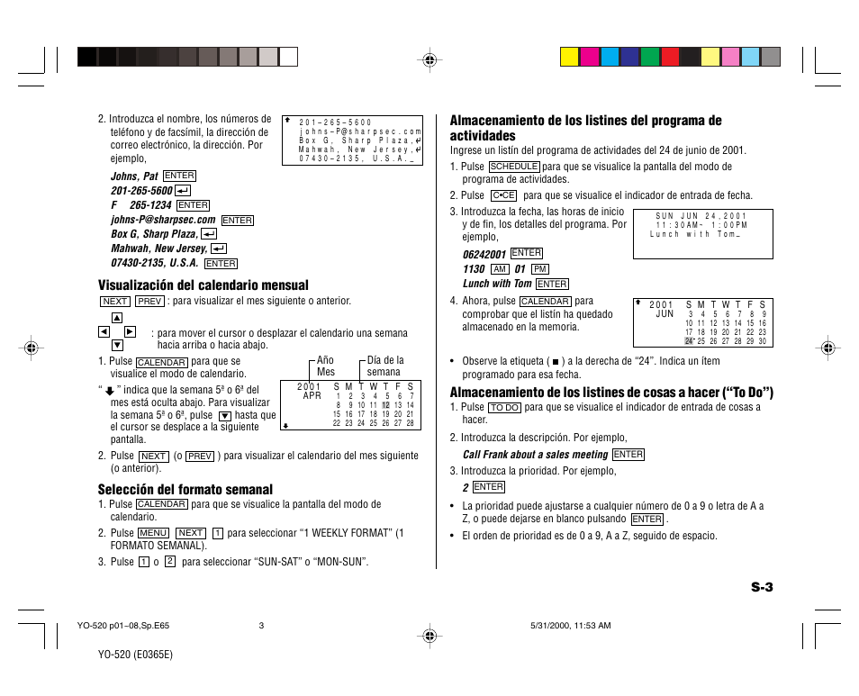 Visualización del calendario mensual, Selección del formato semanal | Sharp YO-520 User Manual | Page 33 / 40