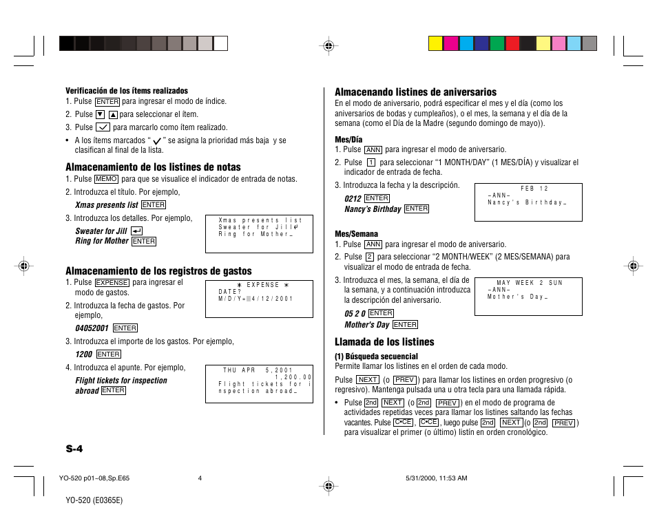 Almacenamiento de los listines de notas, Almacenamiento de los registros de gastos, Almacenando listines de aniversarios | Llamada de los listines | Sharp YO-520 User Manual | Page 34 / 40