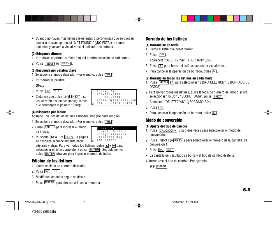 Edición de los listines, Borrado de los listines, Modo de conversión | Sharp YO-520 User Manual | Page 35 / 40