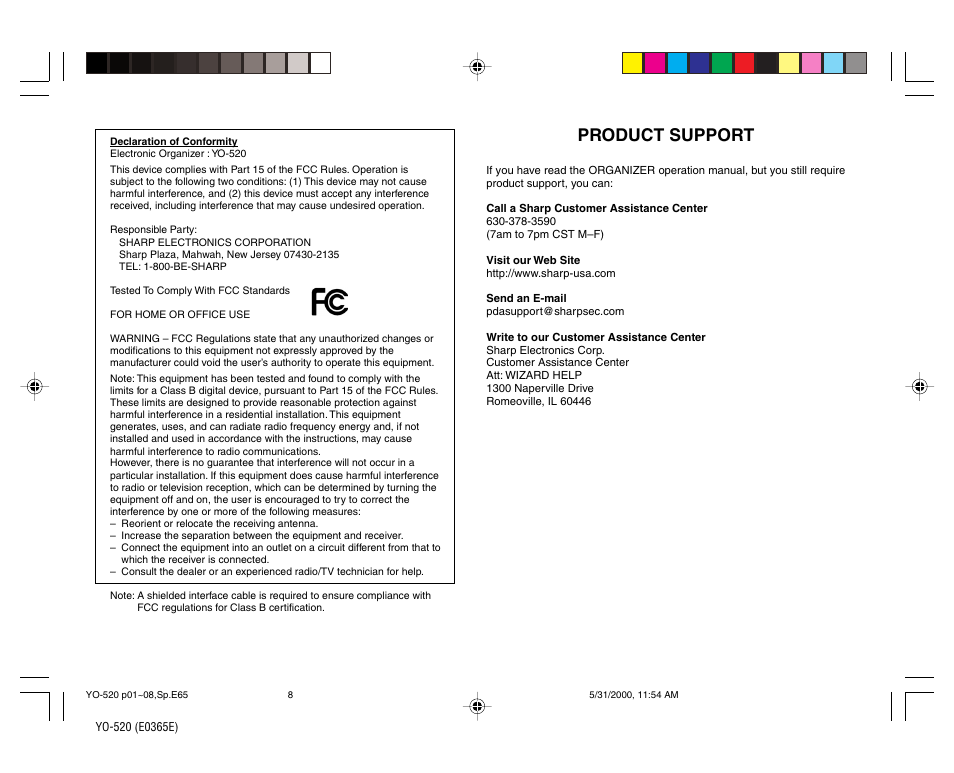 Product support | Sharp YO-520 User Manual | Page 38 / 40