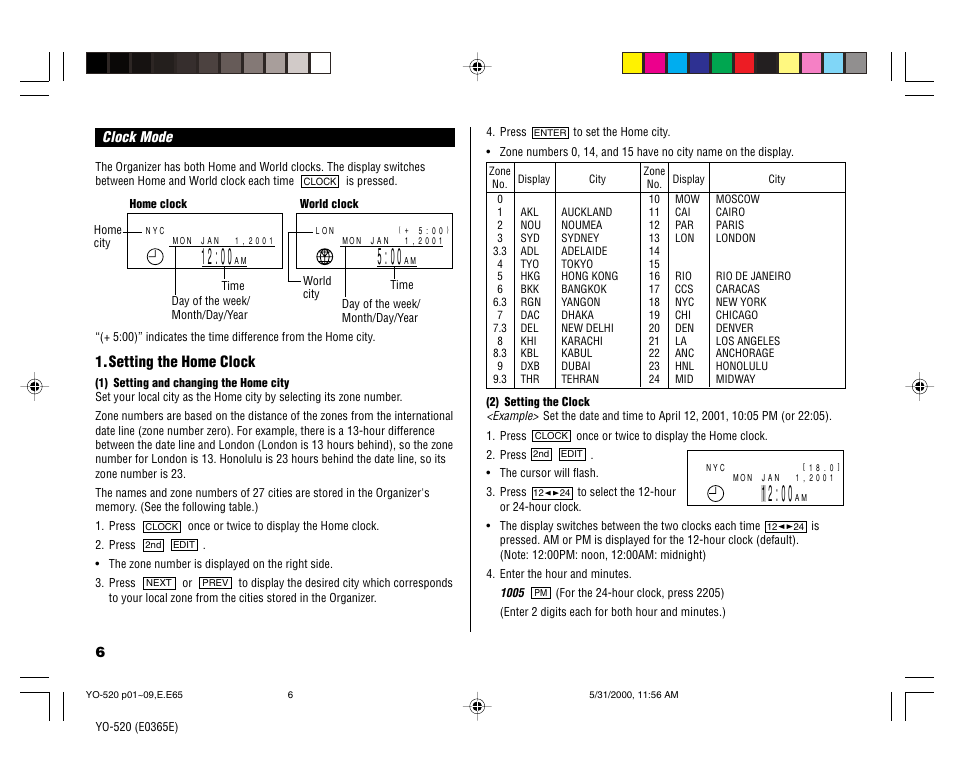 Setting the home clock | Sharp YO-520 User Manual | Page 8 / 40