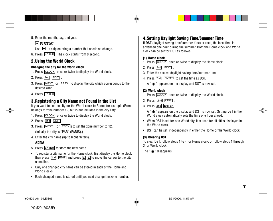 Using the world clock, Registering a city name not found in the list, Setting daylight saving time/summer time | Sharp YO-520 User Manual | Page 9 / 40