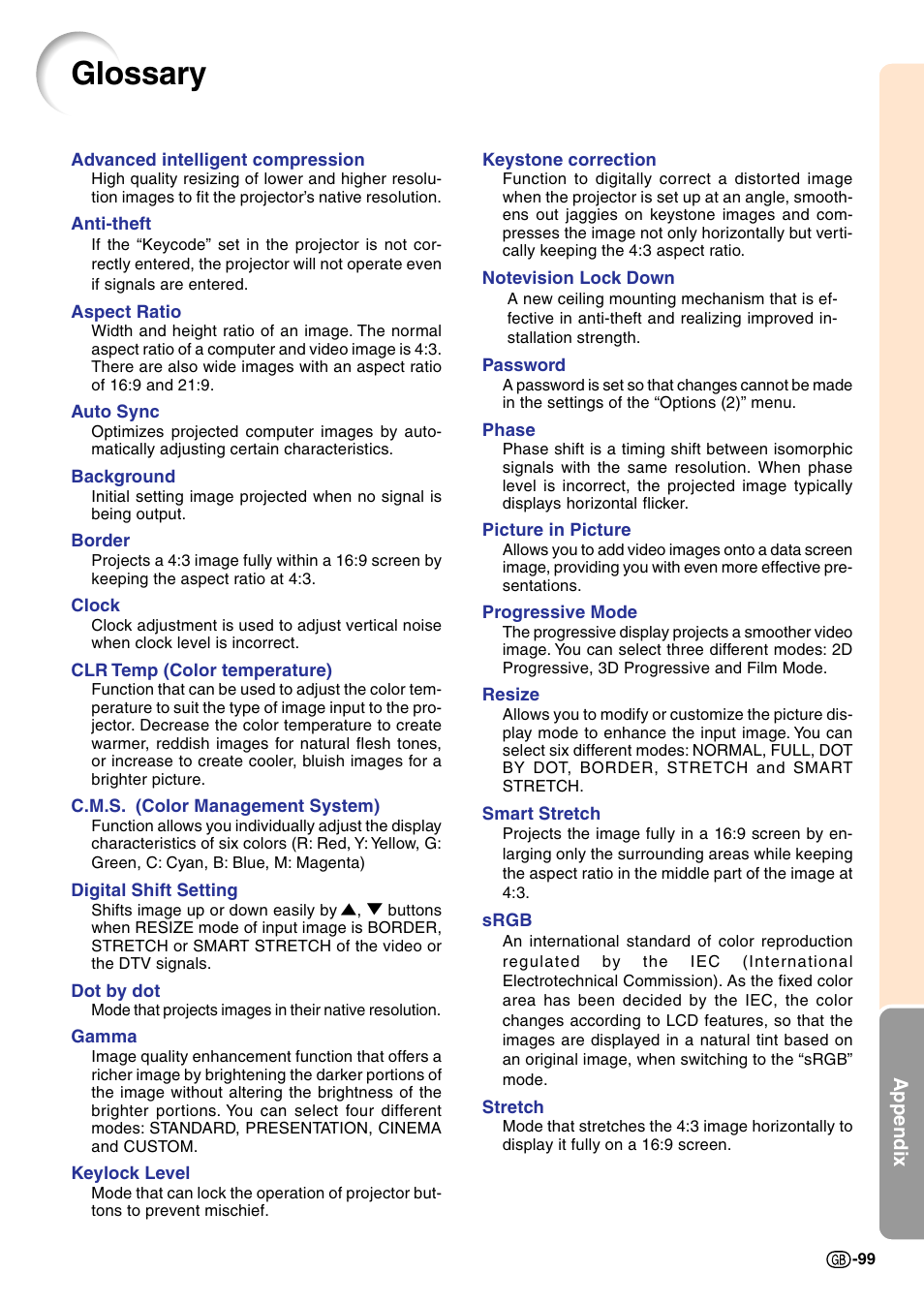 Glossary, Auto sync, Clock | Phase, Resize, Aspect ratio, Dot by dot, Color management system (c. m. s.), Srgb, Background | Sharp Notevision PG-C45X User Manual | Page 103 / 106