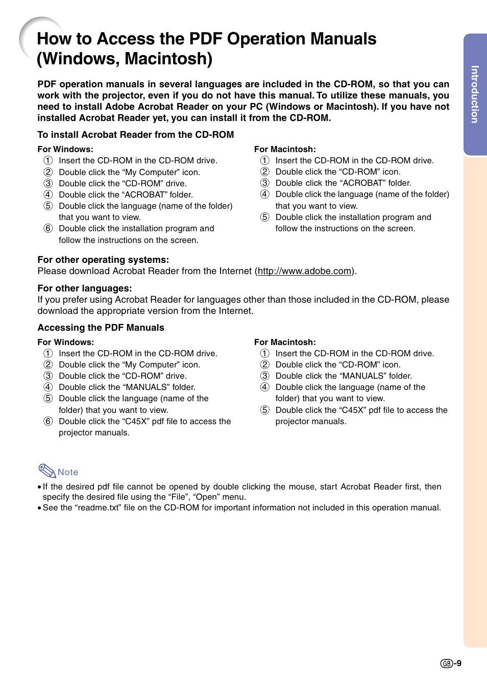 How to access the pdf operation manuals, Windows, macintosh) | Sharp Notevision PG-C45X User Manual | Page 13 / 106