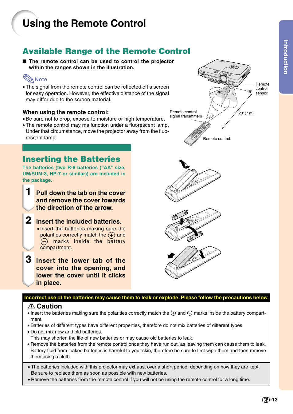 Using the remote control, Available range of the remote control, Inserting the batteries | Caution | Sharp Notevision PG-C45X User Manual | Page 17 / 106
