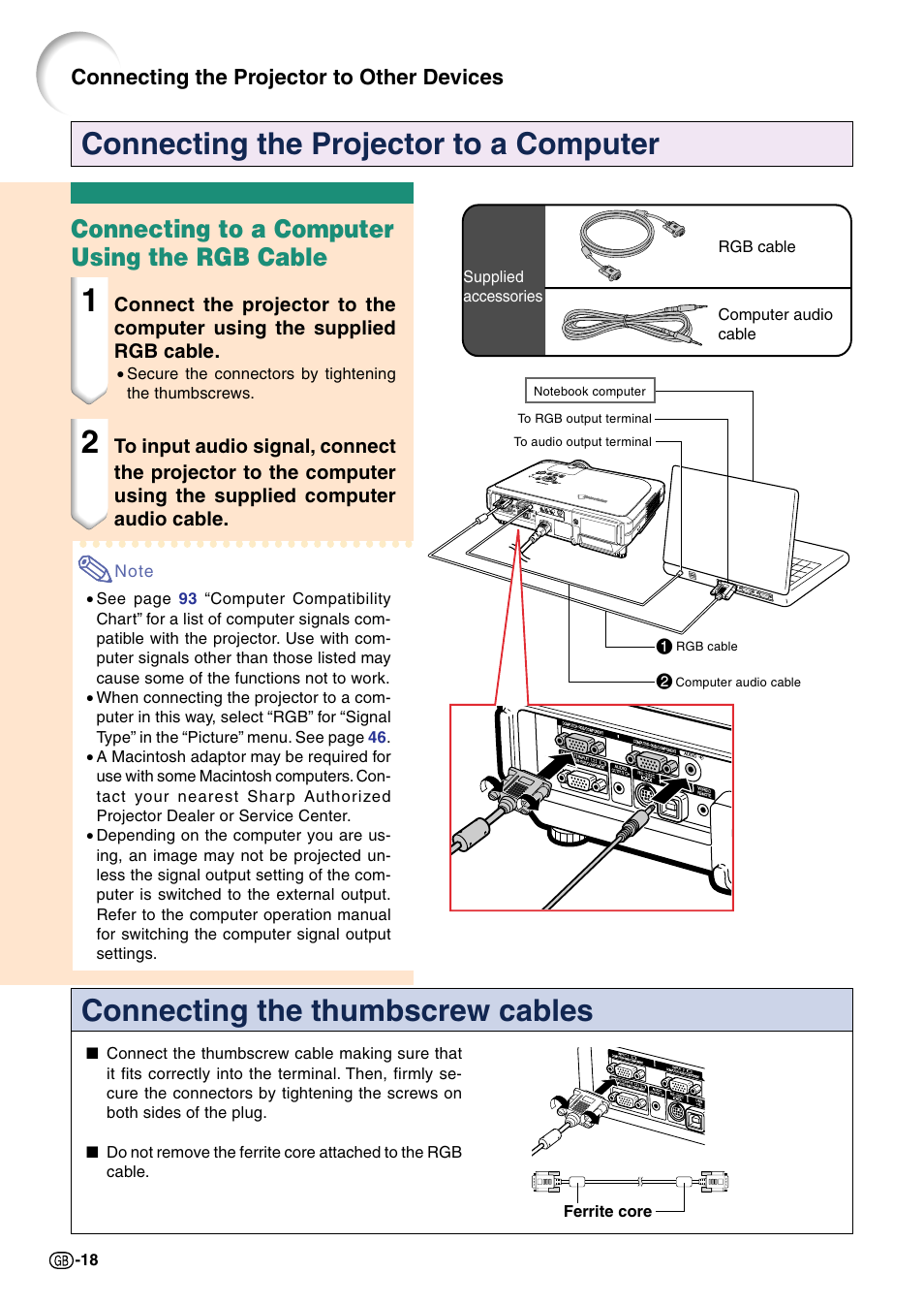 Connecting the projector to a computer, Connecting to a computer using the rgb cable, Connecting the projector to other devices | Sharp Notevision PG-C45X User Manual | Page 22 / 106