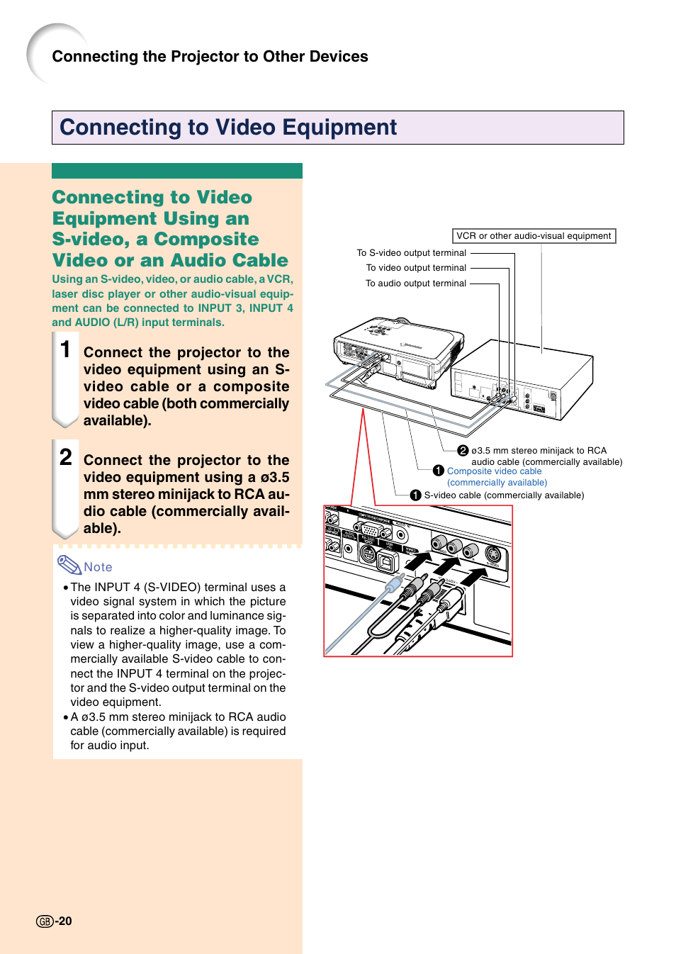 Connecting to video equipment, Connecting the projector to other devices | Sharp Notevision PG-C45X User Manual | Page 24 / 106