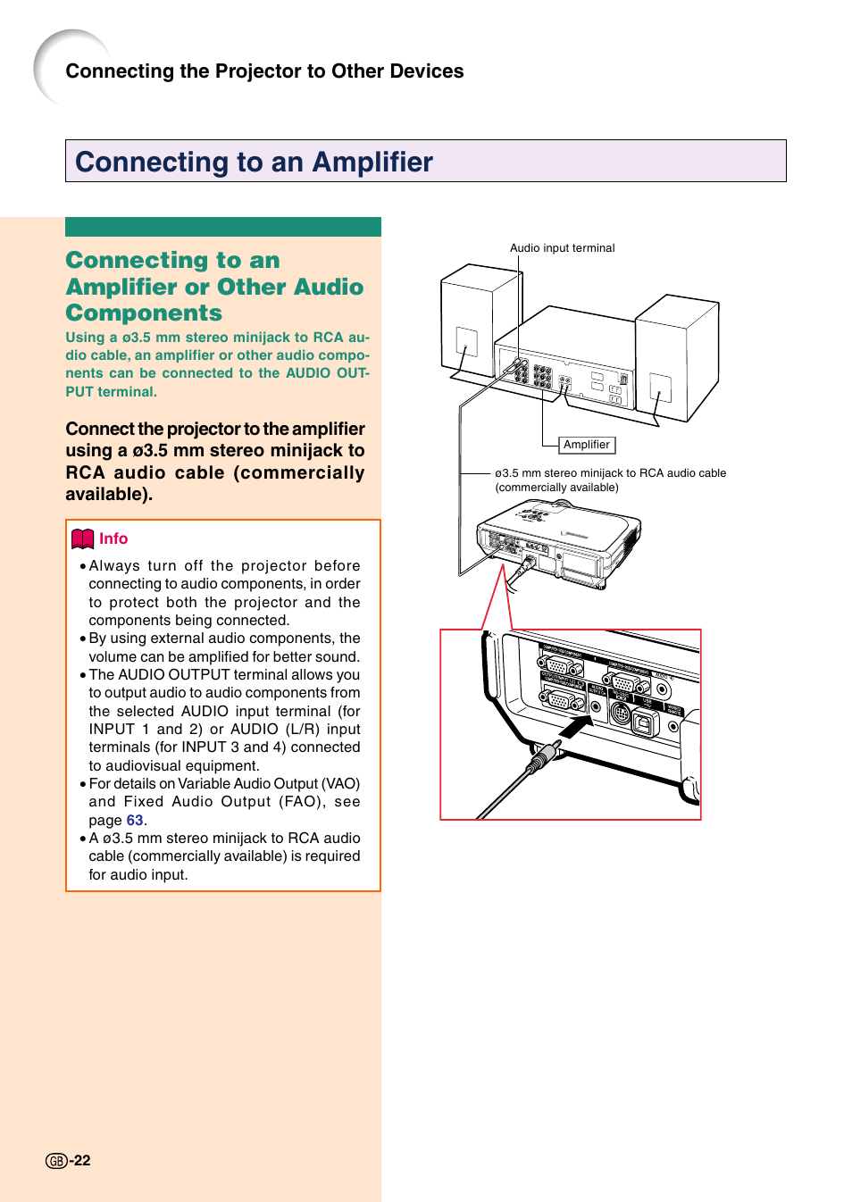 Connecting to an amplifier, Connecting the projector to other devices | Sharp Notevision PG-C45X User Manual | Page 26 / 106