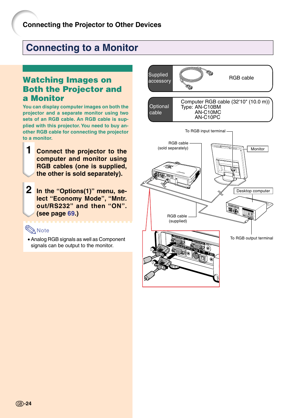 Connecting to a monitor, Connecting the projector to other devices | Sharp Notevision PG-C45X User Manual | Page 28 / 106
