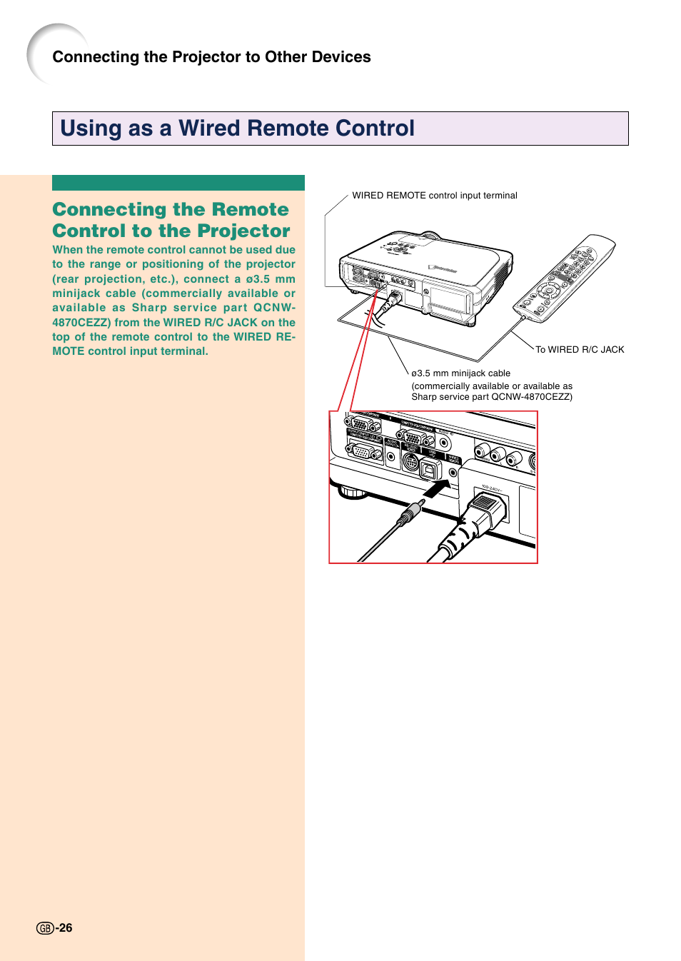 Using as a wired remote control, Connecting the remote control to the projector, Connecting the projector to other devices | Sharp Notevision PG-C45X User Manual | Page 30 / 106