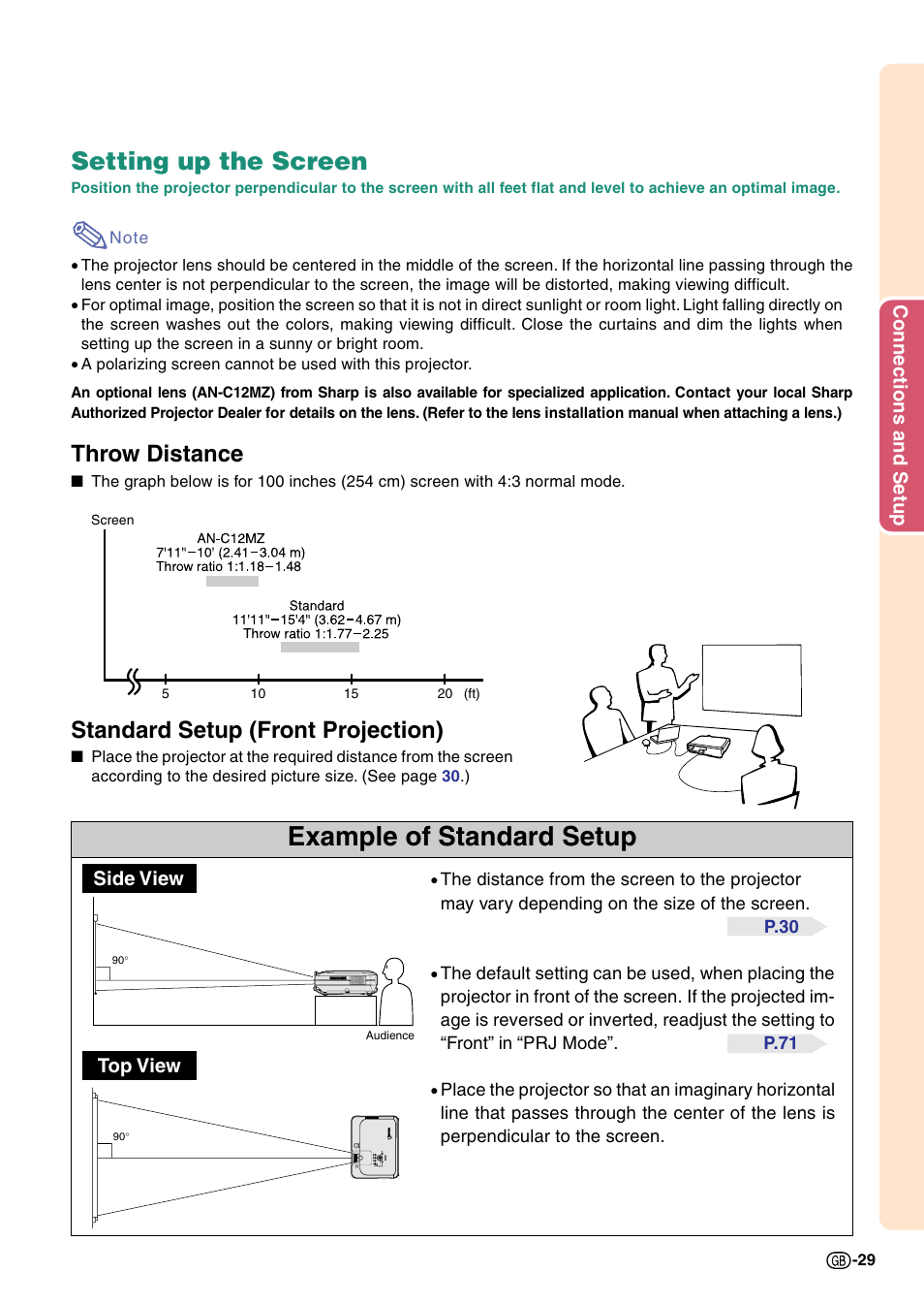 Setting up the screen, Example of standard setup, Throw distance | Standard setup (front projection) | Sharp Notevision PG-C45X User Manual | Page 33 / 106