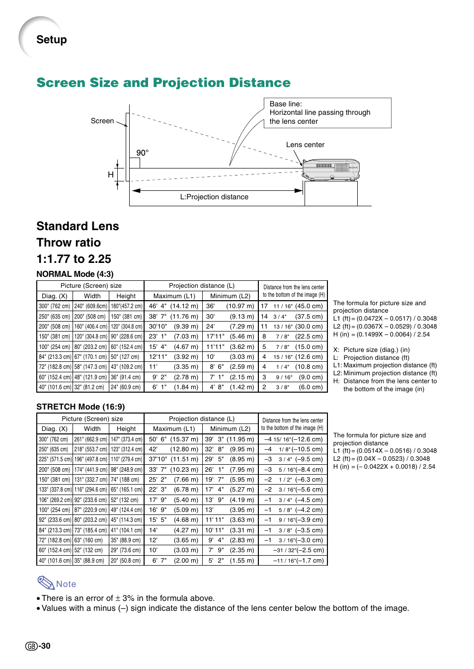 Screen size and projection distance, Setup, 30 h | Stretch mode (16:9), Normal mode (4:3) | Sharp Notevision PG-C45X User Manual | Page 34 / 106