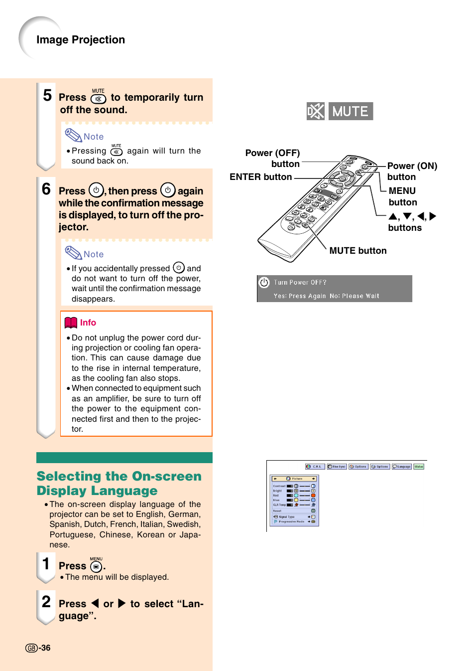 Selecting the on-screen display language | Sharp Notevision PG-C45X User Manual | Page 40 / 106