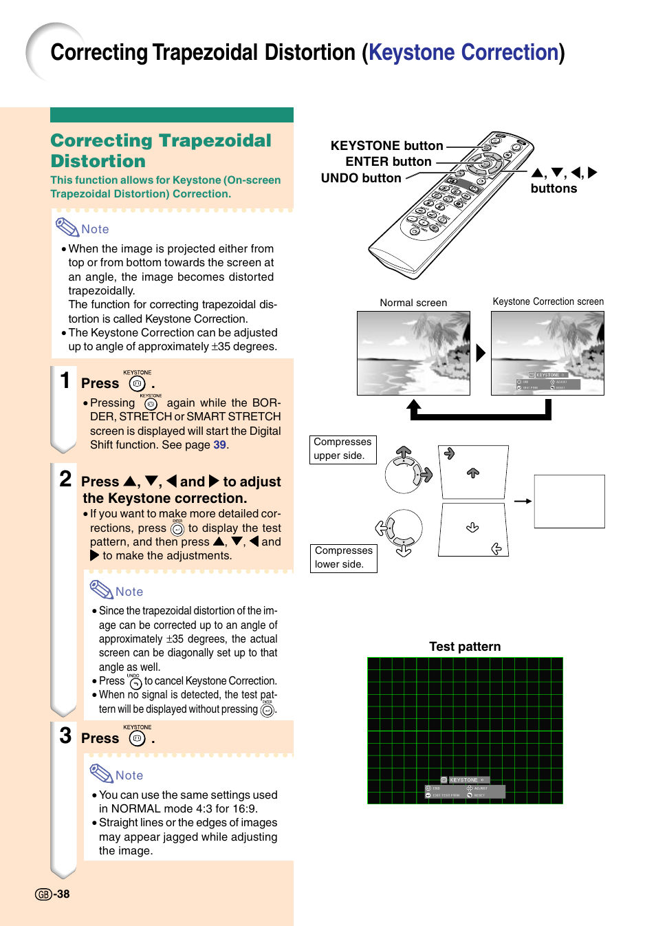 Correcting trapezoidal distortion, Keystone correction) | Sharp Notevision PG-C45X User Manual | Page 42 / 106