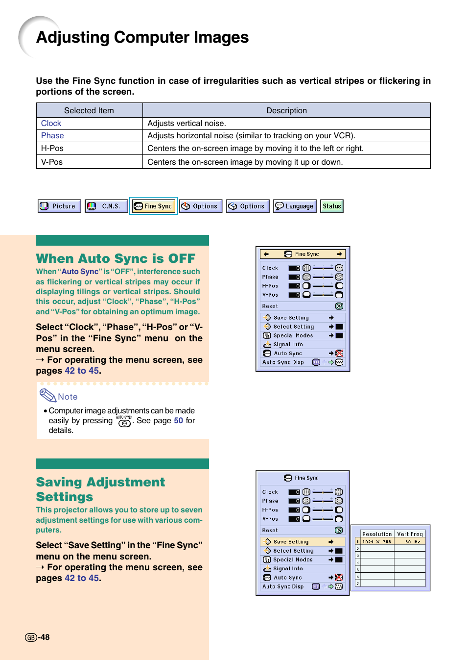 Adjusting computer images, When auto sync is off, Saving adjustment settings | When auto sync is off saving adjustment settings | Sharp Notevision PG-C45X User Manual | Page 52 / 106