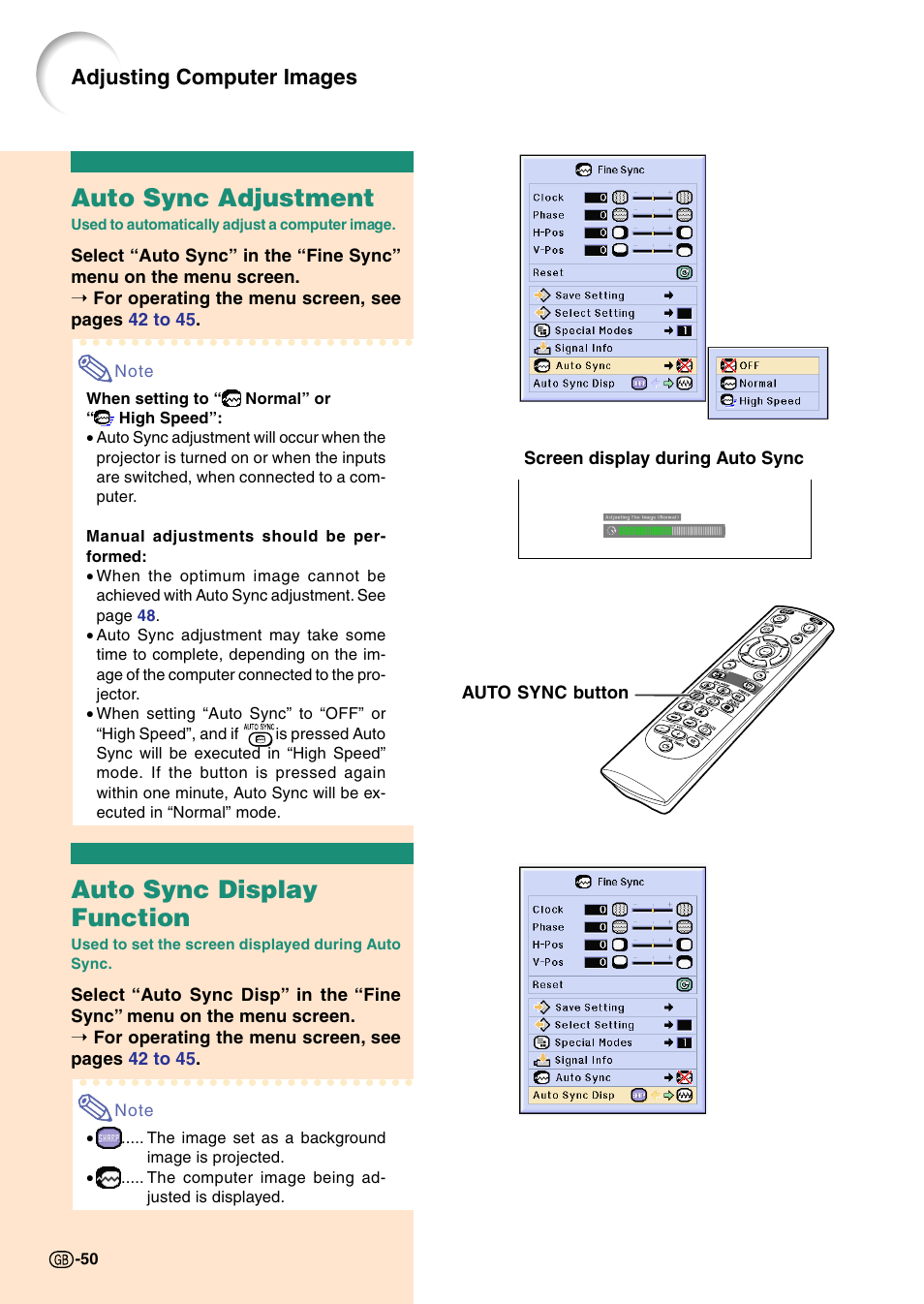 Auto sync adjustment, Auto sync display function, Auto sync adjustment auto sync display function | Adjusting computer images | Sharp Notevision PG-C45X User Manual | Page 54 / 106