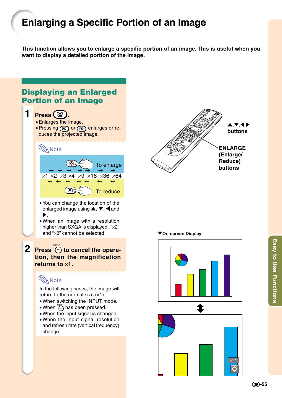 Enlarging a specific portion of an image, Displaying an enlarged portion of an image | Sharp Notevision PG-C45X User Manual | Page 59 / 106