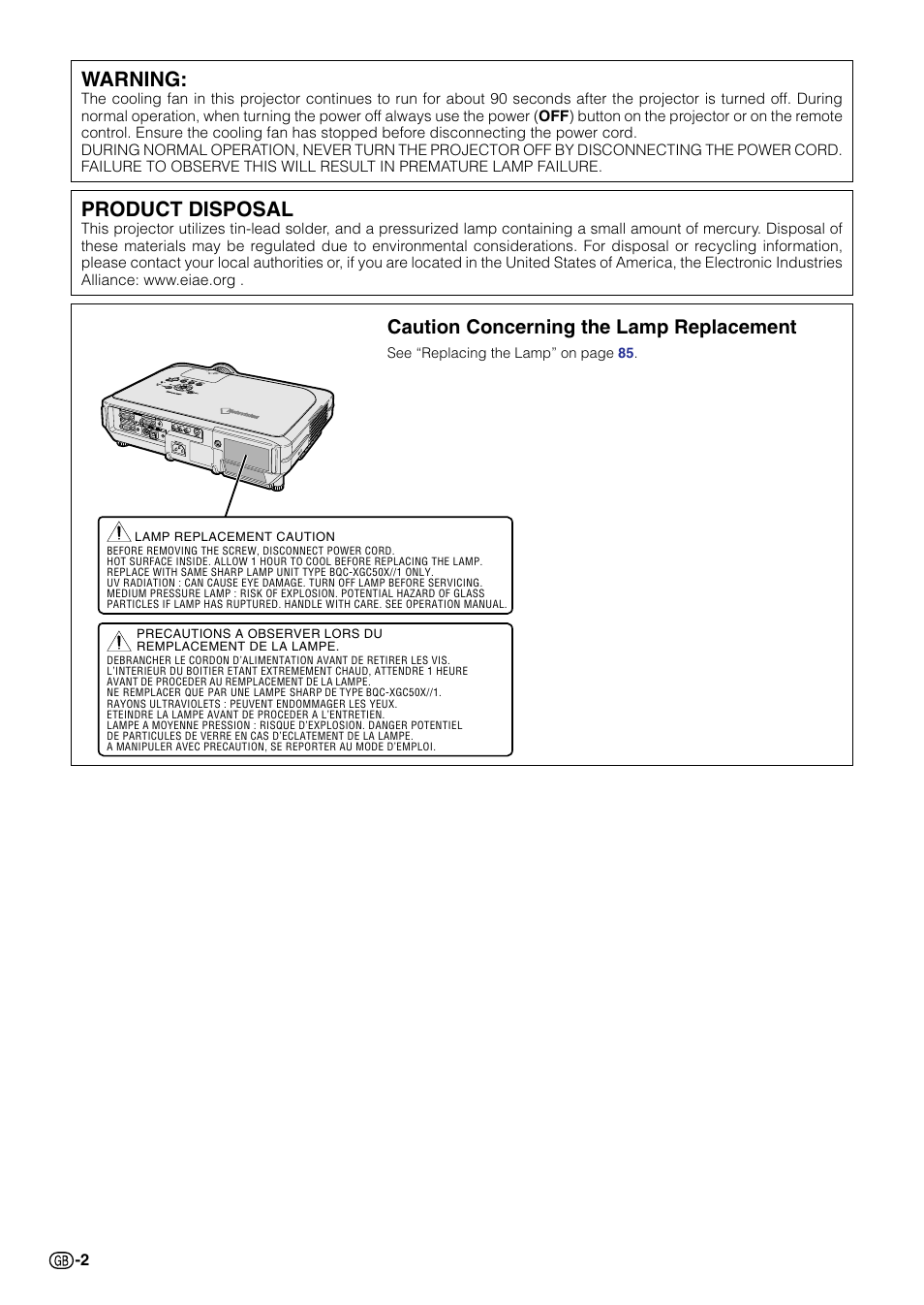 Warning, Product disposal, Caution concerning the lamp replacement | Sharp Notevision PG-C45X User Manual | Page 6 / 106