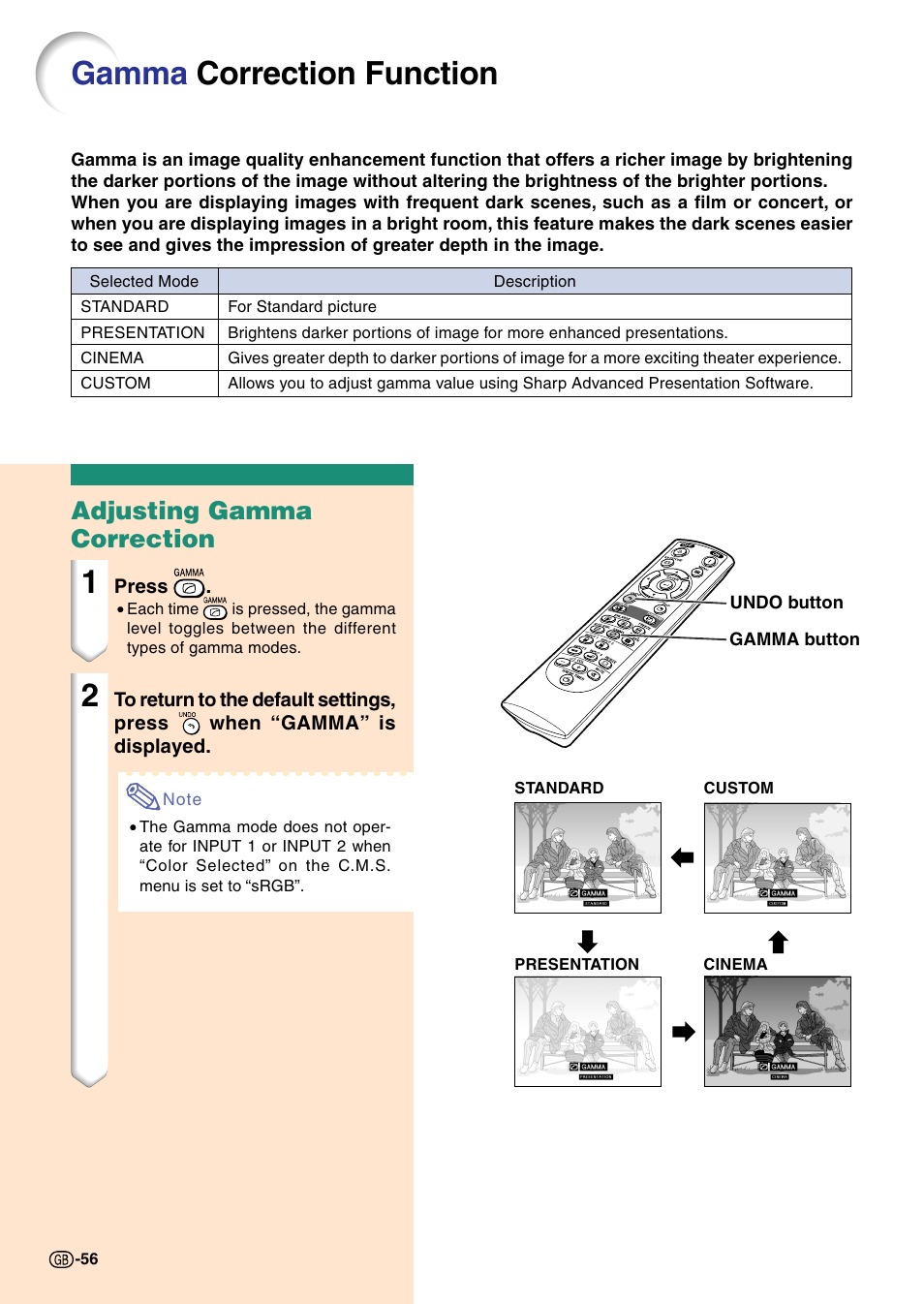 Gamma correction function, Adjusting gamma correction | Sharp Notevision PG-C45X User Manual | Page 60 / 106
