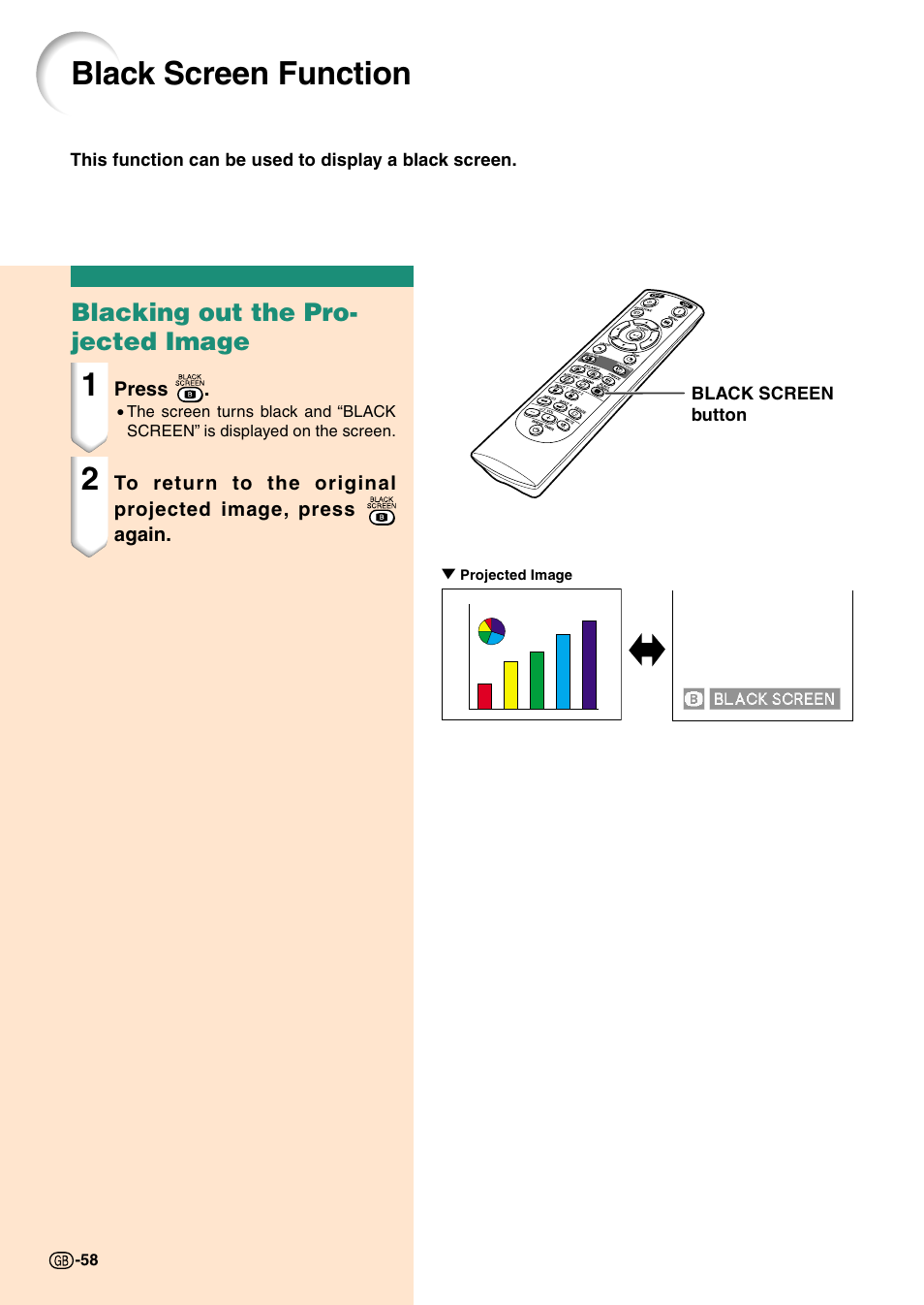 Black screen function, Blacking out the pro- jected image | Sharp Notevision PG-C45X User Manual | Page 62 / 106