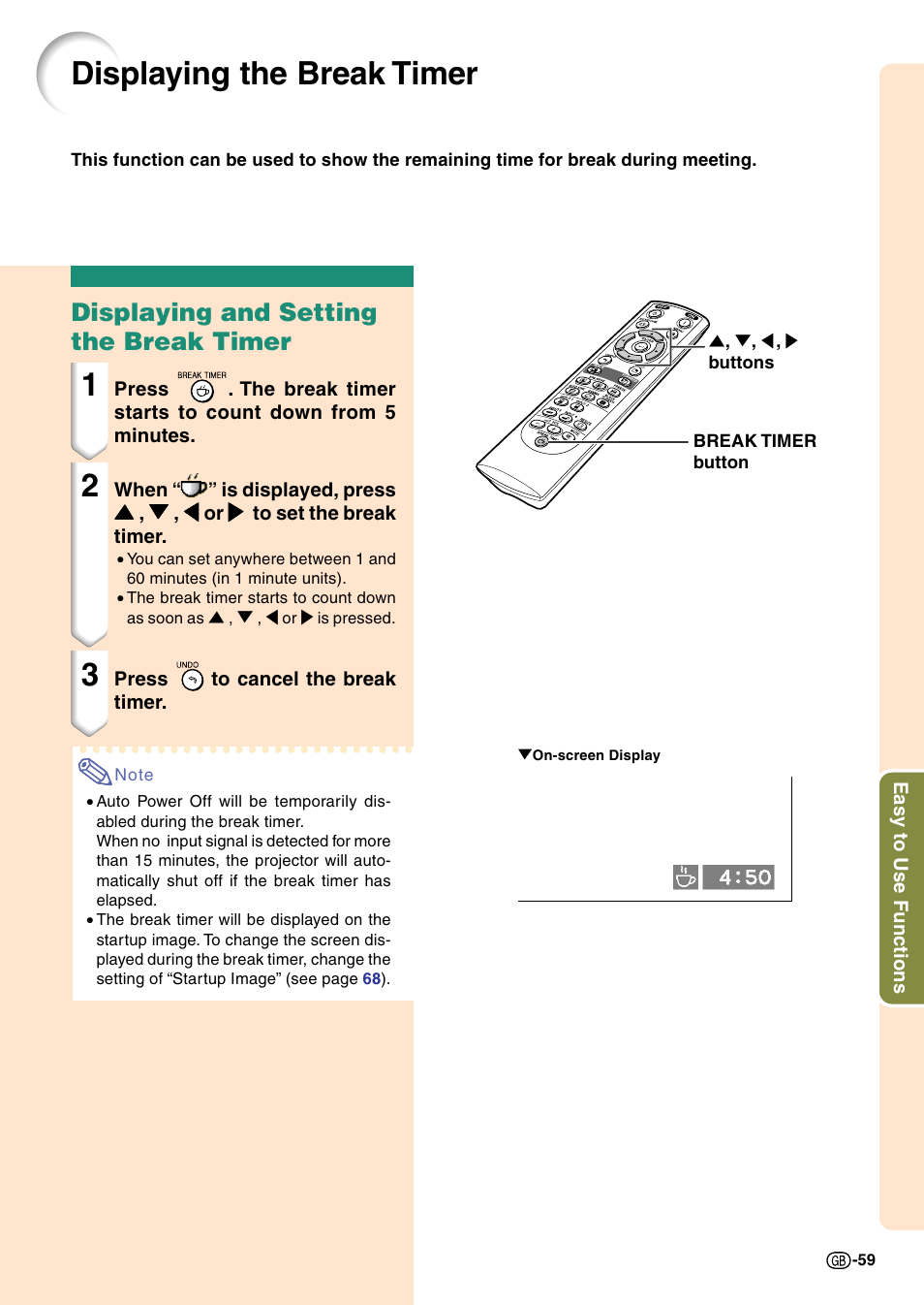 Displaying the break timer, Displaying and setting the break timer | Sharp Notevision PG-C45X User Manual | Page 63 / 106