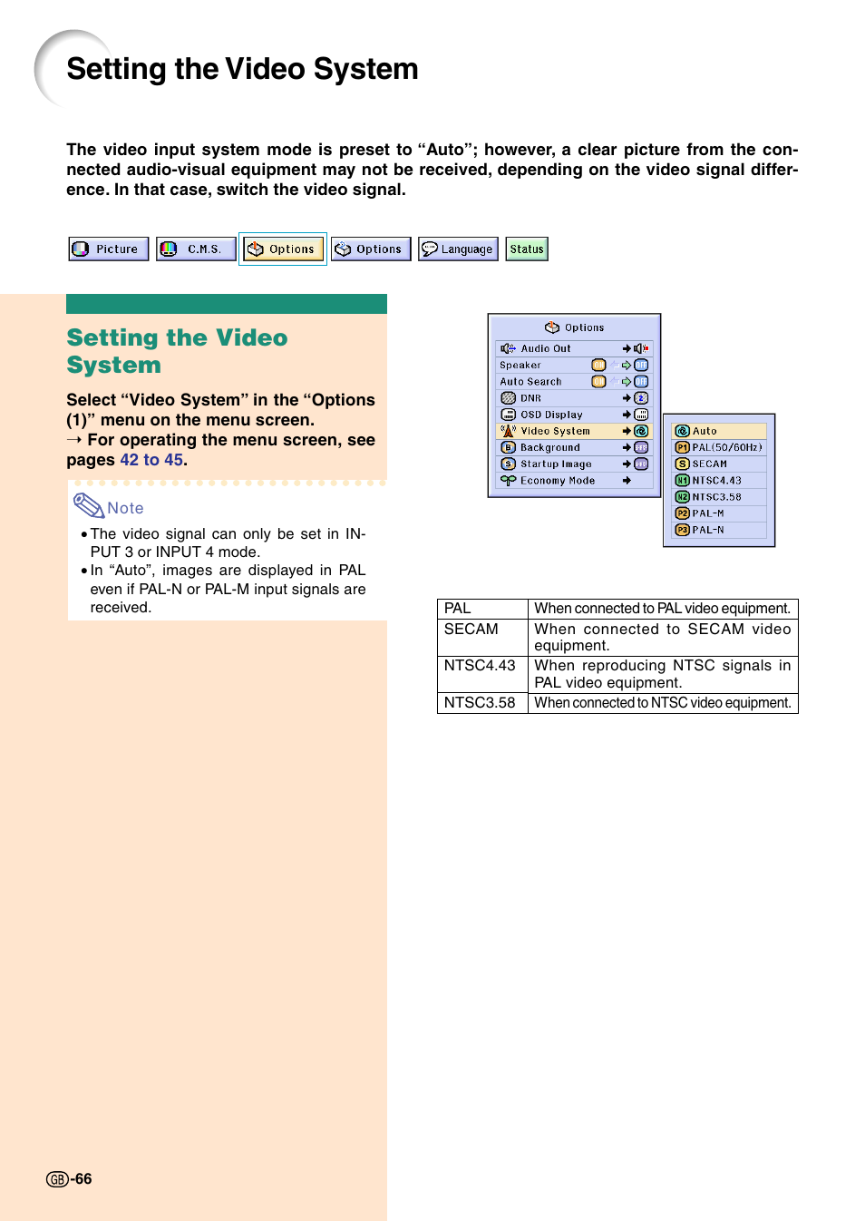 Setting the video system | Sharp Notevision PG-C45X User Manual | Page 70 / 106
