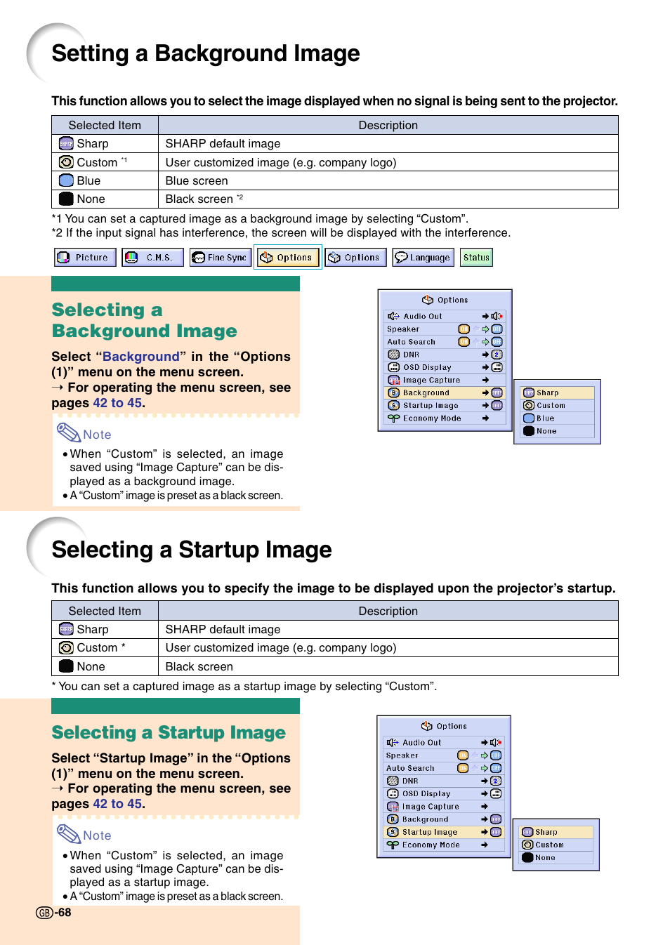 Setting a background image, Selecting a startup image, Selecting a background image | Sharp Notevision PG-C45X User Manual | Page 72 / 106