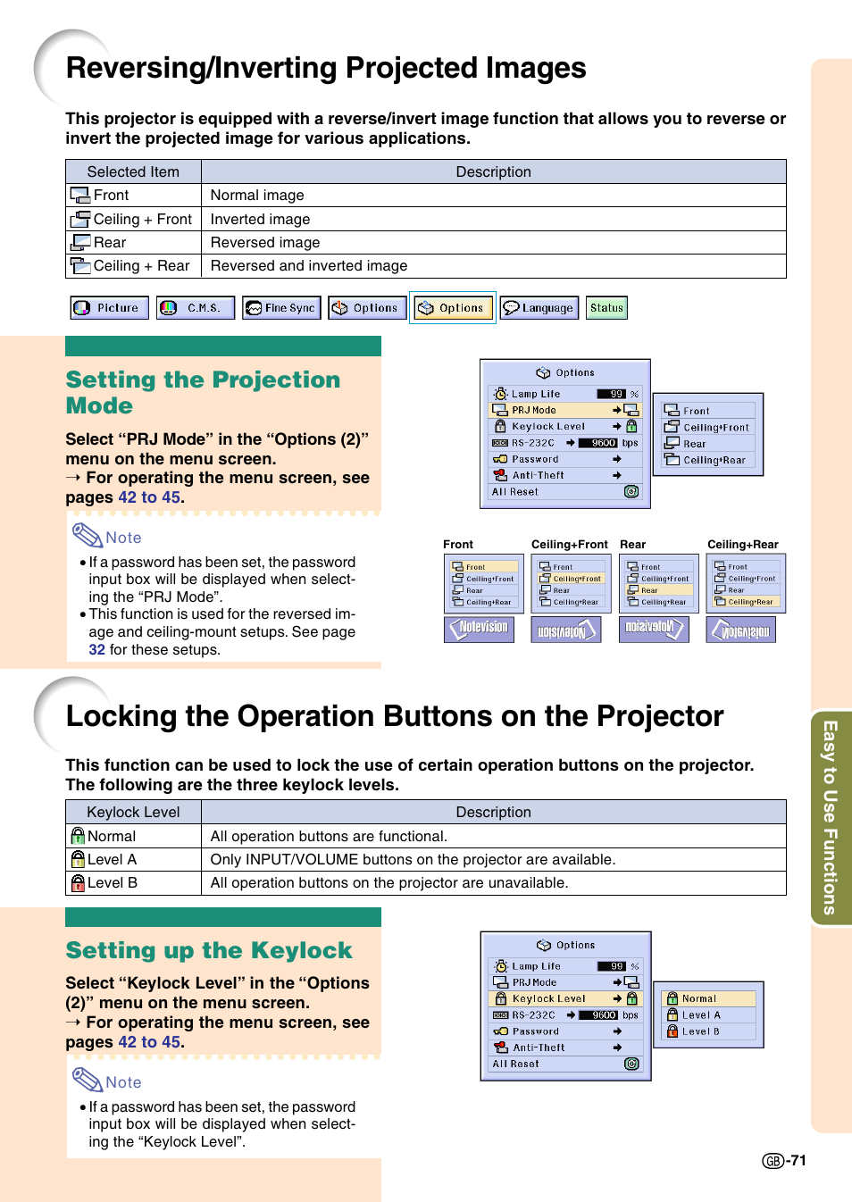 Reversing/inverting projected images, Locking the operation buttons on the projector, Setting up the keylock | On the projector, Setting the projection mode | Sharp Notevision PG-C45X User Manual | Page 75 / 106